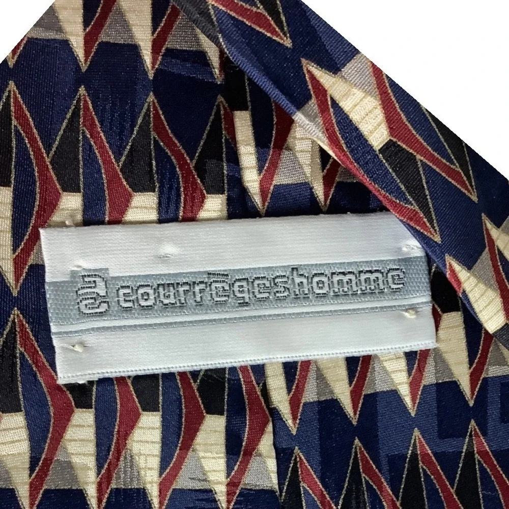 Courreges Homme Navy Geometric Abstract 100% Italian Silk Necktie Vintage Mens